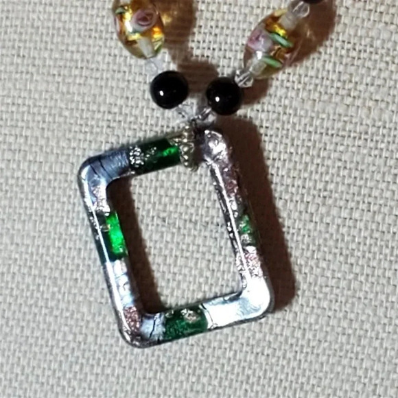 Lampwork Glass Black Amber Clear Geometric Pendant Handcrafted Necklace - Picture 3 of 12
